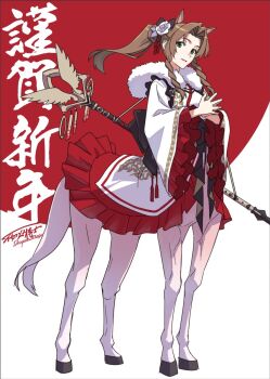 1girl aerith_gainsborough aerith_gainsborough_(festive_crimson_attire) animal_ears braid brown_hair centaur commentary_request decoponmagi final_fantasy final_fantasy_vii final_fantasy_vii:_ever_crisis frilled_kimono frills full_body fur-trimmed_kimono fur_trim highres hooves horse_ears horse_tail japanese_clothes kimono looking_at_viewer mage_staff monster_girl monsterification official_alternate_costume own_hands_together ponytail solo staff tail taur twin_braids