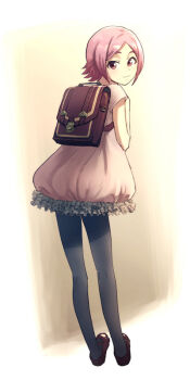 1girl backpack bag black_pantyhose bleach brown_shoes commentary_request dress from_behind full_body kusajishi_yachiru looking_back nigatsumikka pantyhose pink_dress pink_eyes pink_hair randoseru shoes short_dress short_hair solo