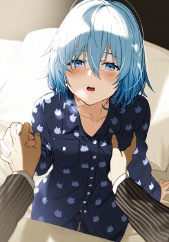1boy 1girl animal_print bed bed_sheet blue_eyes blue_hair blush breasts cat_print collarbone ddukae drowsy grabbing_another&#039;s_breast groping highres holding_hands kuzuryuu_yaichi lips looking_at_viewer looking_up messy_hair open_mouth pajamas pillow pov ryuuou_no_oshigoto! seductive_smile short_hair silver_hair sitting sleepy small_breasts smile sora_ginko teeth