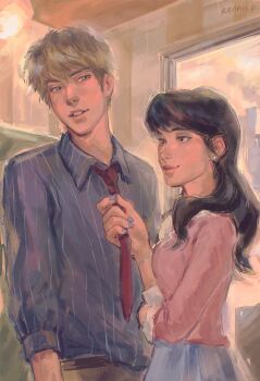 1boy 1girl aged_up black_hair blonde_hair blue_nails clothes_grab collared_shirt commentary english_commentary eye_contact hetero highres ken_nico looking_at_another lucy_van_pelt medium_hair necktie necktie_grab neckwear_grab peanuts_(comic) red_necktie schroeder_(peanuts) shirt short_hair