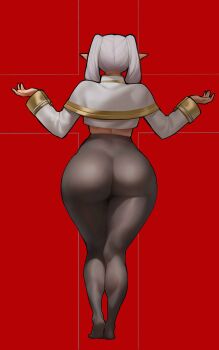 1girl absurdres ass back capelet curvy earrings elf facing_away frieren from_behind grey_hair highres huge_ass jewelry long_hair long_sleeves outstretched_arms pantyhose pointy_ears red_background simple_background solo sousou_no_frieren spiralnoww1 spread_arms thick_thighs thighs twintails white_capelet white_hair wide_hips
