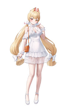 1girl alice_thymefield alternate_costume animal_ears bare_shoulders blonde_hair blush bow breasts cleavage closed_mouth clothing_cutout commentary dress frilled_wrist_cuffs frills full_body hair_bow hand_up hashtag-only_commentary heterochromia highres looking_at_viewer medium_breasts nay red_eyes shoes shoulder_cutout smile solo standing twintails white_bow white_dress white_shoes wrist_cuffs yellow_eyes zenless_zone_zero