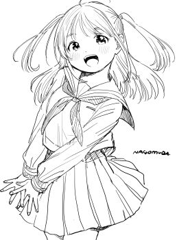 1girl absurdres artist_name blush bow bowtie comiket_107 cowboy_shot dot_nose forehead from_side highres long_hair looking_at_viewer looking_to_the_side monochrome nagomurasan open_mouth original own_hands_together pleated_skirt sailor_collar school_uniform serafuku sidelocks signature simple_background sketch skirt smile standing teeth two_side_up upper_teeth_only white_background