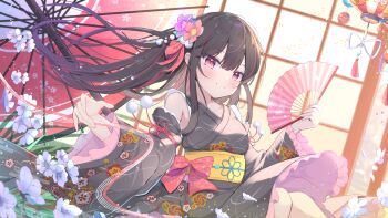 Rule 34 | 1girl, black kimono, bloom, brown hair, character request, cherry blossom print, cherry blossoms, detached sleeves, floral print, floral print kimono, folding fan, frilled kimono, frills, hand fan, highres, japanese clothes, kimono, kimono skirt, lace, lace-trimmed kimono, lace trim, lolita fashion, mikaze oto, obi, official art, oil-paper umbrella, original, petals, phigros, print kimono, red eyes, sash, short kimono, umbrella, wa lolita, wide sleeves