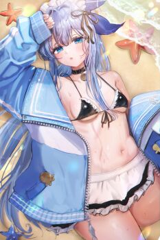 1girl absurdres anchor_(innocent_maid)_(nikke) anchor_(nikke) antenna_hair apron arm_up beach bikini black_bikini black_ribbon black_skirt blue_bow blue_eyes blue_hair blue_jacket blush bow collar commentary_request emu_(emuemuart) frilled_bikini frills front-tie_bikini_top front-tie_top goddess_of_victory:_nikke hair_bow hair_intakes hair_ribbon highres jacket jacket_partially_removed lens_flare long_hair long_sidelocks lying maid maid_bikini maid_headdress navel on_back parted_lips ponytail ribbon sidelocks skirt sleeves_past_wrists solo starfish swimsuit unconventional_maid very_long_hair waist_apron