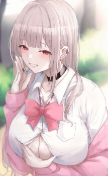 1girl absurdres alternate_costume black_choker blurry blurry_background blush bow bowtie breasts brown_hair button_gap cardigan choker cleavage collared_shirt commentary day earclip earrings eyeshadow goddess_of_victory:_nikke grin highres jewelry large_breasts long_hair looking_at_viewer loose_bowtie makeup mole mole_under_eye nail_polish no_bra off_shoulder open_cardigan open_clothes outdoors partially_unbuttoned pink_bow pink_bowtie pink_cardigan pink_eyes pink_eyeshadow ring ryuu. shirt smile solo traditional_bowtie upper_body viper_(nikke) white_nails white_shirt wing_collar