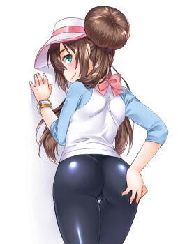 10s 1girl against_wall alternate_color ass ass_focus black_pantyhose blue_eyes blush bow brown_hair cowboy_shot donut_hair_bun female_focus from_behind grabbing_own_ass green_eyes hair_bun hat long_hair looking_at_viewer looking_back nintendo pantyhose pokemon pokemon_bw2 raglan_sleeves rosa_(pokemon) shiny_clothes shouni_(sato3) simple_background skin_tight smile solo thigh_gap visor_cap white_background
