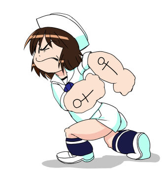 1girl arm_tattoo blue_neckerchief brown_hair commentary_request girls_und_panzer hat kumoi_takashi murakami_(girls_und_panzer) neckerchief one_eye_closed ooarai_naval_school_uniform popeye_(series) popeye_the_sailor sailor_collar sailor_hat school_uniform shirt short_hair short_sleeves skirt solo tattoo white_background white_sailor_collar white_shirt white_skirt