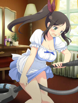 1girl apron between_legs blue_bow blue_dress blush bottle bow breasts brown_carpet brown_hair carpet chest_of_drawers cleavage collarbone dress embarrassed frilled_dress frilled_sleeves frills green_eyes hair_bow hair_ribbon heater indoors lace-trimmed_apron lace_trim lamp large_breasts long_hair maid maid_apron mirror murakumo_(senran_kagura) no_mask non-web_source open_mouth perfume_bottle pigeon-toed plant potted_plant puffy_short_sleeves puffy_sleeves ribbon senran_kagura senran_kagura_new_wave senran_kagura_shinovi_versus shiny_skin short_dress short_sleeves side_ponytail solo standing stool swept_bangs vacuum_cleaner wardrobe_malfunction