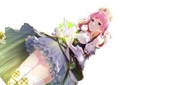 1girl angelica_(lapis_re:lights) animal aqua_eyes bag bird black_bag black_corset blonde_hair bow breasts closed_mouth corked_bottle corset detached_sleeves dress dutch_angle from_below game_cg gem glowing gradient_hair hair_bow hair_rings handbag hat highres holding holding_animal holding_bird jewelry lapis_re:lights layered_skirt medium_breasts medium_hair multicolored_hair official_art pink_hair potion red_gemstone ring sidelocks simple_background skirt sleeveless sleeveless_dress smile solo thighhighs third-party_source transparent_background underbust white_bird white_bow white_hat white_skirt white_sleeves white_thighhighs zettai_ryouiki