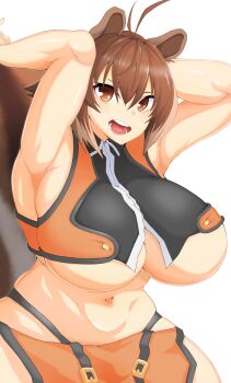 1girl animal_ears armpits bare_shoulders blazblue breasts brown_eyes brown_hair crop_top large_breasts looking_at_viewer makoto_nanaya microskirt natadekoko_zr short_hair skirt sleeveless squirrel_ears squirrel_tail tail teeth underboob white_background white_hair