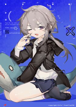 1girl absurdres black_jacket black_nails black_necktie black_skirt black_socks brown_hair commentary english_text full_body girls&#039;_frontline highres hood hooded_jacket ikea_shark jacket long_hair m200_(girls&#039;_frontline) meiwei_de_jianbing necktie no_shoes one_eye_closed open_clothes open_jacket open_mouth pleated_skirt purple_eyes shirt single_sock sitting skirt socks solo stuffed_animal stuffed_shark stuffed_toy toes white_shirt
