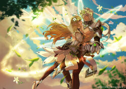 Rule 34 | 1boy, 1girl, alternate costume, alternate hair color, alternate hairstyle, braid, copyright notice, couple, dress, ein choi, elsword, face-to-face, fairy wings, falling leaves, feet out of frame, grey hair, hair over one eye, hand on another&#039;s back, hand on another&#039;s chest, high heels, hug, leaf, light brown hair, long hair, looking at another, mechanical arms, official art, open mouth, raven cronwell, rena erindel, single mechanical arm, single thighhigh, sky, smile, sun, thighhighs, toned, toned male, topless male, tree, white dress, wings, yellow eyes