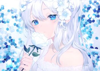 achiki bare_shoulders blue_eyes bad_tag closed_mouth flower hair_flower hair_ornament highres long_hair looking_at_viewer original polychromatic rose scan white_hair