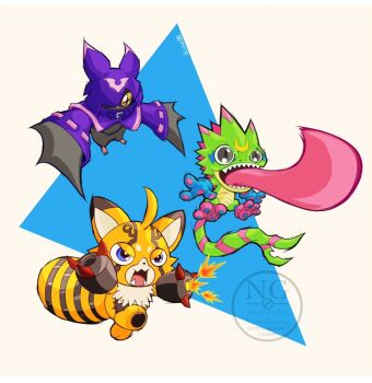 chiropmon digimon digimon_(creature) digimon_beatbreak gekkomon open_mouth pixiv_(13668624) pristimon sharp_teeth teeth tongue tongue_out wings