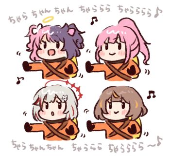 4girls amaki_pururu anya_melfissa blush brown_hair chibi cosplay crosshair dtto. halo haseco777 highres hololive hololive_english hololive_indonesia indie_virtual_youtuber lethal_company mori_calliope multicolored_hair multiple_girls musical_note oxygen_tank pink_hair purple_hair red_hair red_halo reject_(esports) spoken_musical_note virtual_youtuber white_background white_hair worker_(lethal_company) worker_(lethal_company)_(cosplay)