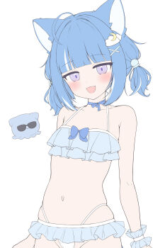1girl :3 :d ahoge alternate_costume animal_ears arms_at_sides bare_arms bare_shoulders bikini bikini_skirt blue_bikini blue_bow blue_choker blue_hair blue_ribbon blue_wrist_cuffs blunt_bangs blush bow bow_bikini cat_ears cat_girl choker cloud_hair_ornament cocozasa commentary cowboy_shot creature crescent crescent_hair_ornament fang flat_chest flat_color frilled_bikini frilled_wrist_cuffs frills groin hair_ornament halterneck highleg highleg_bikini highres indie_virtual_youtuber jellyfish_hair_ornament kurageu_roa looking_at_viewer mascot multicolored_hair navel open_mouth petite purple_eyes ribbon ribbon_choker short_hair short_twintails sidelocks simple_background skindentation smile solo standing stomach streaked_hair string_bikini sunglasses swimsuit twintails two-tone_hair virtual_youtuber white_background white_bikini white_streaks wrist_cuffs x_hair_ornament