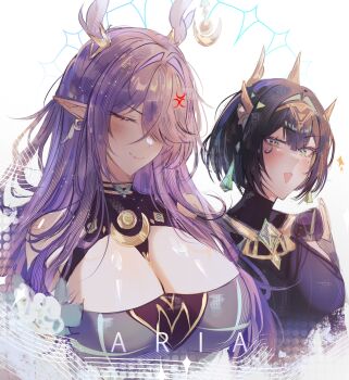 2girls a_r_i_a absurdres anger_vein antler_ornament antlers black_hair black_shirt breasts closed_eyes crescent cropped_torso earrings facial_mark genshin_impact gold_hairband green_hair hair_intakes hair_ornament hair_over_one_eye hairband headpiece highres horns jewelry large_breasts lauma_(genshin_impact) long_hair looking_at_another mole mole_under_eye multiple_girls nefer_(genshin_impact) open_mouth pointy_ears purple_hair shirt short_hair smile sparkle turtleneck upper_body