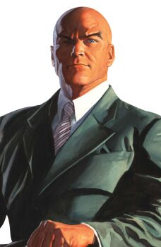 1boy absurdres alex_ross bald blue_eyes charles_xavier comic_cover cover cover_page formal_clothes grey_jacket highres jacket looking_at_viewer male_focus marvel mature_male necktie official_art pink_necktie shirt solo striped_clothes striped_necktie suit upper_body western_comics_(style) white_background white_shirt x-men