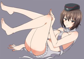 Rule 34 | 1girl, anko koubou, backwards virgin killer sweater, barefoot, black hat, breasts, brown eyes, brown hair, cleavage, commentary request, cross, girls und panzer, grey background, grey sweater, hand on own knee, hat, knees, legs up, looking at viewer, lying, military hat, naked sweater, nishizumi maho, no pants, on back, open mouth, panties, pantyshot, short hair, simple background, sleeveless, sleeveless sweater, solo, sweater, turtleneck, turtleneck sweater, underwear, virgin killer sweater