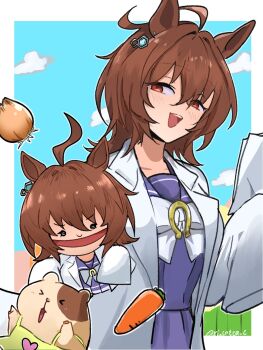 1girl :d agnes_tachyon_(umamusume) ahoge animal_ears border bow bowtie brown_hair carrot commentary_request earrings guinea_pig hair_between_eyes hand_puppet highres holding holding_paper horse_ears horse_girl horseshoe_ornament jewelry light_blush looking_at_viewer medium_hair messy_hair open_mouth outside_border paper pleated_skirt puppet purple_sailor_collar purple_shirt purple_skirt red_eyes riko_(ri_cotta_c) sailor_collar school_uniform shirt sidelocks single_earring skirt sleeves_past_fingers sleeves_past_wrists smile solo tracen_school_uniform twitter_username umamusume upper_body white_border white_bow white_bowtie winter_uniform