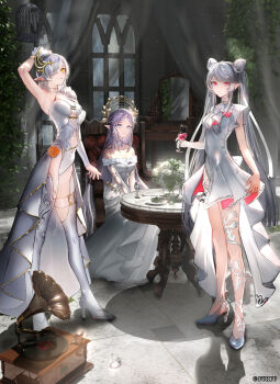 3girls ami_shido_(crymachina) bare_shoulders birdcage breasts cage cleavage commentary_request crymachina cup dress drinking_glass earrings full_body gawako grey_hair high_heels highres holding holding_cup jewelry leben_distel_(crymachina) long_hair medium_breasts mikoto_sengiku_(crymachina) mirror multiple_girls phonograph pointy_ears purple_hair red_eyes short_hair sitting small_breasts table twintails very_long_hair white_dress window wine_glass yellow_eyes