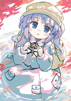 Rule 34 | 1girl, backpack, bag, blue eyes, blue hair, blue shirt, blue skirt, commentary request, flat cap, full body, green hat, hair bobbles, hair ornament, hat, highres, kawashiro nitori, key, kibisake, long sleeves, looking at viewer, open mouth, pocket, shirt, skirt, solo, touhou, two side up