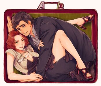 Rule 34 | 1boy, 1girl, animification, avengers: age of ultron, avengers (series), black dress, black footwear, black hair, black jacket, black pants, breasts, brown footwear, bruce banner, closed mouth, collarbone, collared jacket, collared shirt, commentary request, couple, dress, fingernails, formal clothes, glasses, green eyes, grey shirt, hand up, hetero, high heels, jacket, large breasts, leg up, lips, long sleeves, looking at viewer, lying, marvel, marvel, mizala, nail polish, natasha romanoff, open clothes, open jacket, pants, purple eyes, red hair, red nails, shirt, shoes, short hair, simple background, sitting, sleeveless, sleeveless dress, smile, suit, suitcase, toenail polish, toenails, two-tone dress, unworn eyewear, white-framed eyewear, white background, white dress