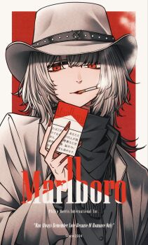 1girl absurdres border cigarette cigarette_pack coat commentary_request cowboy_hat english_text grey_coat grey_hair hat highres holding holding_cigarette_pack logo looking_at_viewer marlboro medium_hair mitsu349 nail_polish original pale_skin red_background red_eyes red_lips red_nails simple_background smoking solo white_border