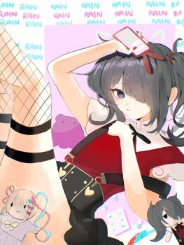 1girl ame-chan_(needy_girl_overdose) black_hair black_skirt blue_eyes cellphone character_doll chouzetsusaikawa_tenshi-chan closed_mouth commentary doll fingerless_gloves fishnet_thighhighs fishnets gloves hair_ornament hair_over_one_eye highres holding holding_phone looking_at_viewer needy_girl_overdose nnlynekooo open_mouth phone rabbit_ear_smartphone_case red_shirt scar self-harm_scar shirt skirt smartphone solo suspenders text_messaging thighhighs twintails untranslatable_commentary x_hair_ornament