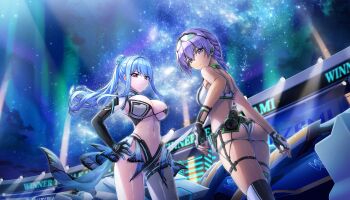 2girls ass asymmetrical_gloves bikini blue_eyes blue_hair braid breasts butt_crack cleavage dark-skinned_female dark_skin dolphin_wave elbow_gloves fingerless_gloves floodlights game_cg gloves hand_on_own_hip highres jet_ski large_breasts long_hair looking_at_viewer looking_back medium_hair mismatched_gloves multiple_girls navel nayuki_hiori night night_sky non-web_source official_alternate_costume official_alternate_hairstyle official_art ootomo_takuji ponytail pouch purple_hair red_eyes single_elbow_glove skindentation sky small_breasts souma_hayate swimsuit tan thighhighs water_gun watercraft white_bikini