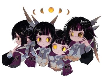 4girls arm_up black_hair blunt_bangs bow closed_mouth columbina_(genshin_impact) commentary cropped_shoulders dot_mouth dot_nose english_commentary full_moon genshin_impact head_wings highres li04r long_sleeves mismatched_eyes moon moon_phases multicolored_hair multiple_girls open_mouth purple_hair ribbon simple_background sleeve_cuffs smile watermark white_background white_ribbon wings