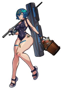 absurdres breasts full_body highres lana_(pokemon) medium_breasts mold_(pixiv6616319) nintendo one-piece_swimsuit pokemon pokemon_sm simple_background swimsuit wide_hips