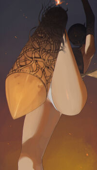 1girl absurdres black_gloves bomb_devil_(chainsaw_man) chainsaw_man elbow_gloves gloves highres incoming_attack leg_lift midair mm_(mhm2592) night object_head outdoors panties solo underwear white_panties