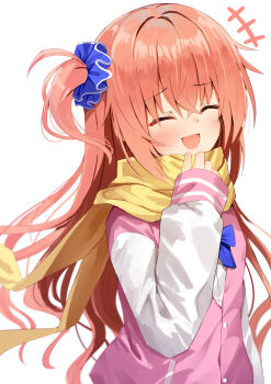 Rule 34 | +++, 1girl, :d, ^ ^, absurdres, blue bow, blue bowtie, blue scrunchie, blush, bow, bowtie, buttons, closed eyes, commentary, crossed bangs, facing viewer, floating hair, furrowed brow, hair between eyes, hair intakes, hair ornament, hair scrunchie, hand up, happy, highres, inaba meguru, jacket, laughing, letterman jacket, long hair, long scarf, nodoameyatou, one side up, open mouth, orange hair, pink jacket, sanoba witch, scarf, school uniform, scrunchie, sidelocks, simple background, sleeves past wrists, smile, solo, upper body, very long hair, wavy hair, white background, white sleeves, yellow scarf