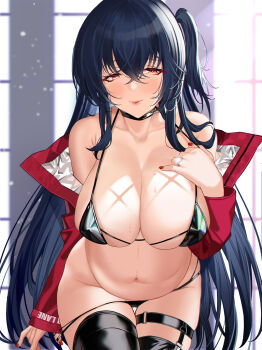 1girl azur_lane bare_shoulders bikini bikini_pull black_bikini black_choker black_hair black_thighhighs blush breasts choker cleavage clothes_pull covered_erect_nipples eyewear_on_head hair_between_eyes highres huge_breasts jacket jewelry leaning_forward long_hair looking_at_viewer mako_(makoda) navel official_alternate_costume ornate_ring pregnant pulling_own_clothes race_queen red_eyes red_jacket ring smile solo sweat swimsuit taihou_(azur_lane) taihou_(enraptured_companion)_(azur_lane) thighhighs wedding_ring