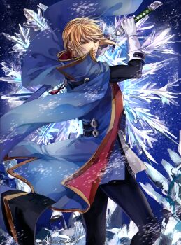 Rule 34 | akilico, blazblue, blazblue: calamity trigger, blazblue: central fiction, blazblue: chronophantasma, blazblue: continuum shift, blonde hair, holding, holding sword, holding weapon, ice, jacket, katana, kisaragi jin, looking at viewer, male focus, sheath, sheathed, snowflakes, sword, weapon