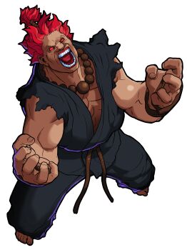 Rule 34 | 1990s (style), 1boy, absurdres, akuma (street fighter), barefoot, beads, bengus, dougi, fingerless gloves, from above, game cg, gloves, highres, legs apart, looking up, marvel super heroes vs. street fighter, marvel vs. capcom, mma gloves, muscular, muscular male, non-web source, official art, open mouth, prayer beads, red eyes, red hair, retro artstyle, simple background, solo, teeth, topknot, torn clothes, torn sleeves, white background