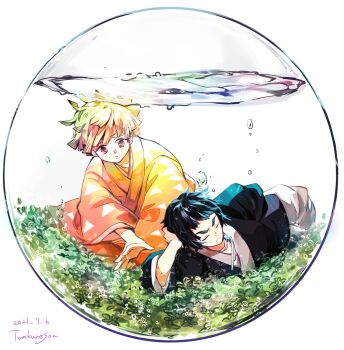 2boys agatsuma_zenitsu air_bubble artist_name black_hair black_kimono blonde_hair bubble closed_eyes closed_mouth dated fishbowl full_body gakuran highres japanese_clothes kaigaku kimetsu_no_yaiba kimono kneeling long_sleeves looking_at_another lying male_focus multiple_boys on_grass on_side pants school_uniform short_hair simple_background tomkureson water white_background white_pants wide_sleeves yellow_eyes yellow_kimono