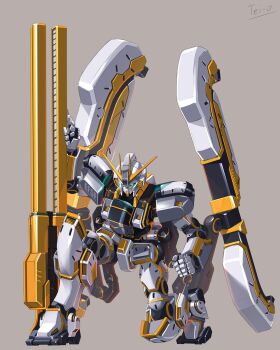 absurdres aqua_eyes atlas_gundam brown_background earth_federation gundam gundam_thunderbolt highres humanoid_robot joints kneeling mecha mobile_suit no_humans railgun robot robot_joints science_fiction signature solo tei-o v-fin