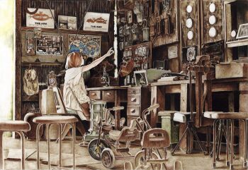 1girl absurdly_detailed_composition absurdres backpack bag brown_hair chair colored_pencil_(medium) desk drawer from_side gas_cylinder gears globe heater highres indoors kerosene_lamp lamp loaded_interior map mask microscope muted_color nekojarashi_(yuuga) original outstretched_arm over_shoulder photo_(object) pointing profile propane_tank retro_artstyle shirt short_sleeves shoulder_bag sitting solo stool switch traditional_media tricycle unworn_backpack unworn_bag vise_(tool) white_shirt workshop world_map