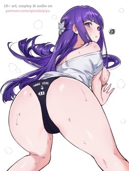 Rule 34 | 1girl, ass, bare shoulders, black panties, blush, breasts, cameltoe, closed mouth, commentary, english commentary, feet out of frame, fern (sousou no frieren), highres, large breasts, long hair, looking at viewer, looking back, nipples, off shoulder, panties, pout, purple eyes, purple hair, qiandaiyiyu, shirt, simple background, solo, sousou no frieren, sweat, thighs, underwear, white background, white shirt