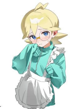 1boy alternate_costume apron blonde_hair blue_eyes clemont_(pokemon) closed_mouth commentary_request glasses green_jacket hands_up head_tilt highres jacket jersey_maid korean_commentary long_sleeves looking_at_viewer maid male_focus nintendo pokemon pokemon_xy pokesudal raised_inner_eyebrows round_eyewear simple_background sleeves_past_fingers sleeves_past_wrists solo sweatdrop unconventional_maid white_apron white_background