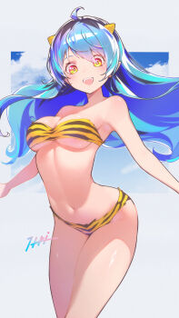 1girl absurdres ahoge animal_print bikini blue_hair breasts commentary_request cone_horns fur_bikini highres horns itou_kazuki long_hair lum medium_breasts navel oni open_mouth small_horns solo strapless strapless_bikini swimsuit teeth tiger_print underboob upper_teeth_only urusei_yatsura yellow_bikini yellow_eyes yellow_horns