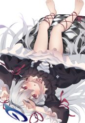 Rule 34 | 1girl, arms up, barefoot, black dress, blue halo, blush, cushion, dress, eip (pepai), frilled dress, frilled sleeves, frills, gothic lolita, grey hair, hair ribbon, halo, highres, leg ribbon, lolita fashion, long hair, looking at viewer, lying, on back, open mouth, original, red eyes, red ribbon, ribbon, simple background, solo, upside-down, white background, wide sleeves