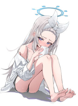 1girl absurdres alternate_costume bangs_pinned_back barefoot black_shorts blue_archive blue_halo blush bra collarbone commentary_request cup feet forehead halo highres kerno knees_up legs long_hair looking_at_viewer miyako_(blue_archive) mug purple_eyes shirt short_shorts shorts simple_background sitting solo thighs toes underwear white_background white_bra white_shirt