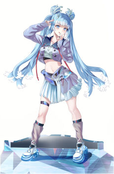 1girl :q absurdres arm_up blue_eyes blue_hair blue_nails blush breasts brown_socks closed_mouth commentary_request crop_top crop_top_overhang double_bun drawstring full_body grey_shirt hair_bun hand_up highres hololive hololive_indonesia kobo_kanaeru kobo_kanaeru_(1st_costume) long_hair long_sleeves looking_at_viewer medium_breasts mosta_(lo1777789) nail_polish navel pleated_skirt puffy_long_sleeves puffy_sleeves see-through_clothes see-through_legwear shirt shoes skirt smile socks solo standing tongue tongue_out twintails very_long_hair virtual_youtuber white_background white_shoes white_skirt