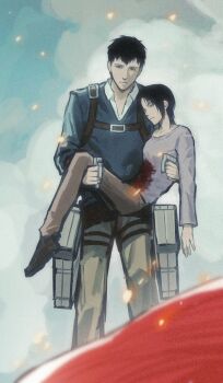 1boy 1girl bertolt_hoover black_hair black_shoes blood blood_on_clothes blue_sweater breasts carrying chest_harness closed_eyes closed_mouth collared_shirt embers grey_pants grey_shirt harness highres icelandcrow medium_breasts pants parted_bangs princess_carry shingeki_no_kyojin shirt shirt_under_sweater shoes short_hair steam sweater three-dimensional_maneuver_gear white_shirt ymir_(shingeki_no_kyojin)
