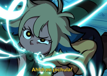 1boy 1girl angry black_eyes blonde_hair blue_hair boots censored fellatio jcm2 kneeling loli night oral pants penis saliva short_hair spanish_text sweater the_owl_house uneven_eyes vee_(the_owl_house) yellow_pupils