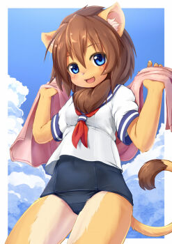 Rule 34 | 1girl, animal ears, blue eyes, female focus, furry, furry female, kagerofu, looking at viewer, open mouth, school uniform, solo, swimsuit, tail